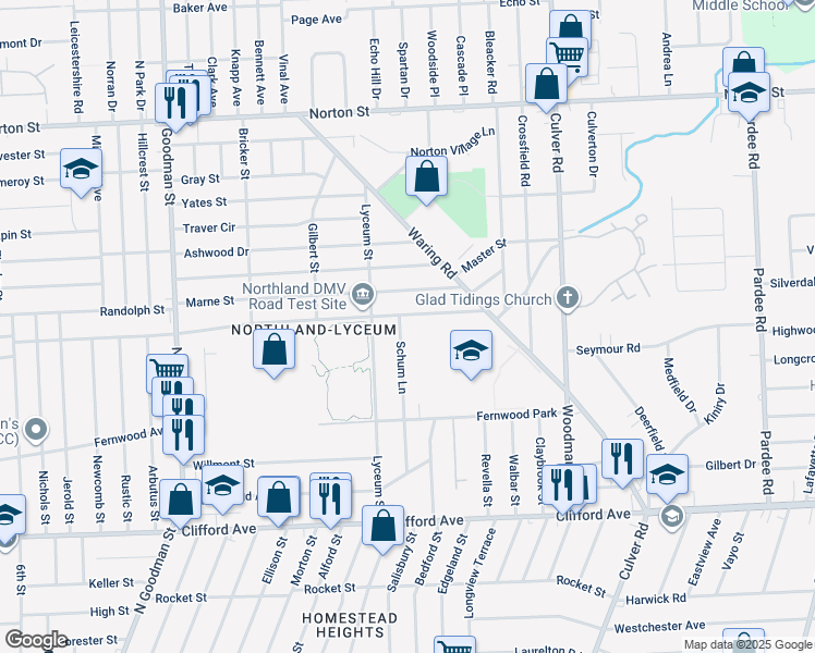 map of restaurants, bars, coffee shops, grocery stores, and more near 134 Schum Lane in Rochester