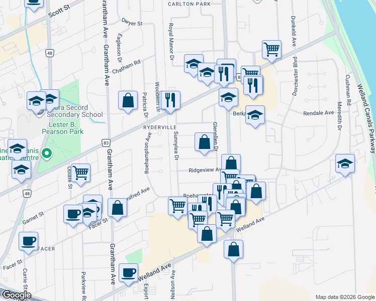 map of restaurants, bars, coffee shops, grocery stores, and more near 8 Dunraven Avenue in St. Catharines