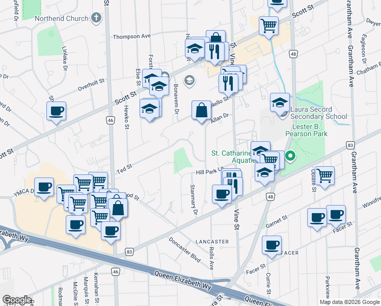 map of restaurants, bars, coffee shops, grocery stores, and more near 62 Ted Street in St. Catharines