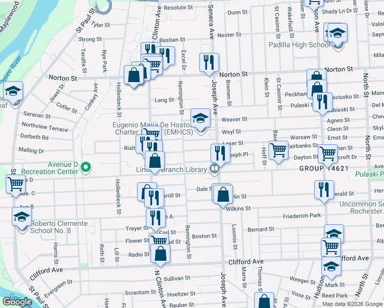 map of restaurants, bars, coffee shops, grocery stores, and more near 21 Farbridge Street in Rochester