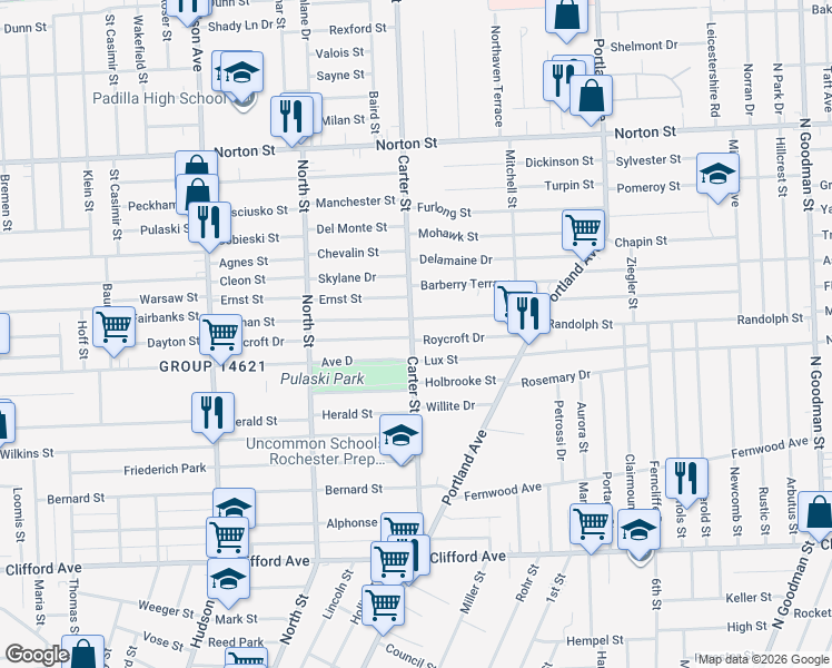 map of restaurants, bars, coffee shops, grocery stores, and more near 294 Carter Street in Rochester