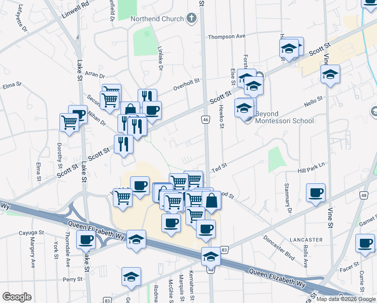 map of restaurants, bars, coffee shops, grocery stores, and more near 359 Geneva Street in St. Catharines