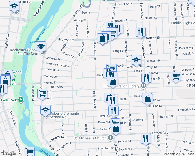 map of restaurants, bars, coffee shops, grocery stores, and more near 1 Rialto Street in Rochester