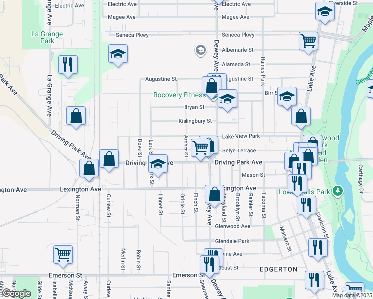 map of restaurants, bars, coffee shops, grocery stores, and more near Selye Terrace & Archer Street in Rochester