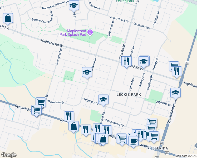 map of restaurants, bars, coffee shops, grocery stores, and more near 23 Hillgarden Drive in Hamilton