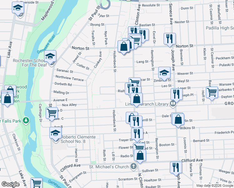 map of restaurants, bars, coffee shops, grocery stores, and more near 186 Hollenbeck Street in Rochester