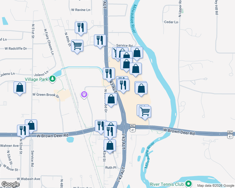 map of restaurants, bars, coffee shops, grocery stores, and more near 9060 North Green Bay Road in Brown Deer