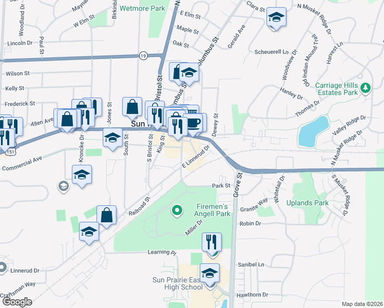 map of restaurants, bars, coffee shops, grocery stores, and more near 188 Cannery Place in Sun Prairie