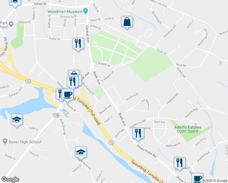 map of restaurants, bars, coffee shops, grocery stores, and more near 3 Longmeadow Road in Dover
