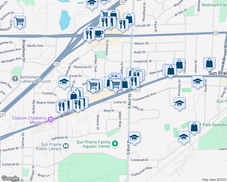 map of restaurants, bars, coffee shops, grocery stores, and more near 960 West Main Street in Sun Prairie