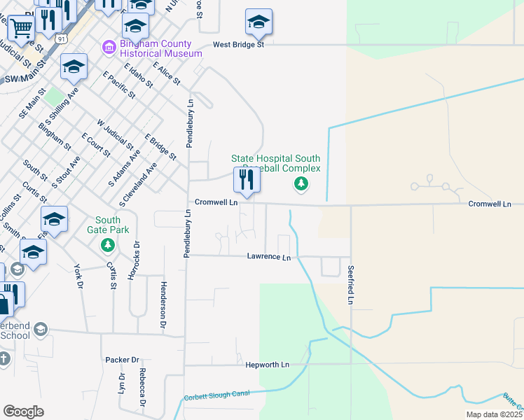 map of restaurants, bars, coffee shops, grocery stores, and more near 1874 Cromwell Lane in Blackfoot