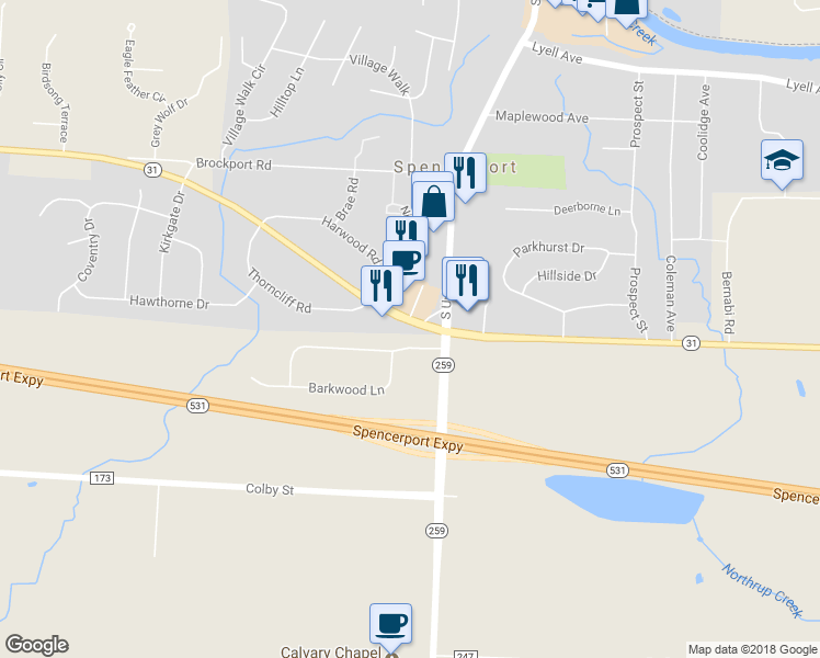 map of restaurants, bars, coffee shops, grocery stores, and more near 41 Nichols Street in Spencerport
