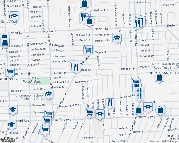 map of restaurants, bars, coffee shops, grocery stores, and more near 77 Randolph Street in Rochester
