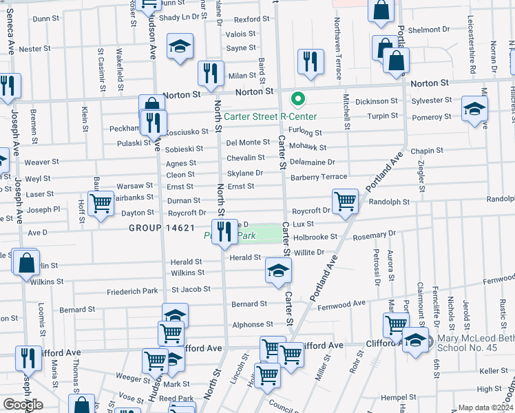 map of restaurants, bars, coffee shops, grocery stores, and more near 201 Durnan Street in Rochester