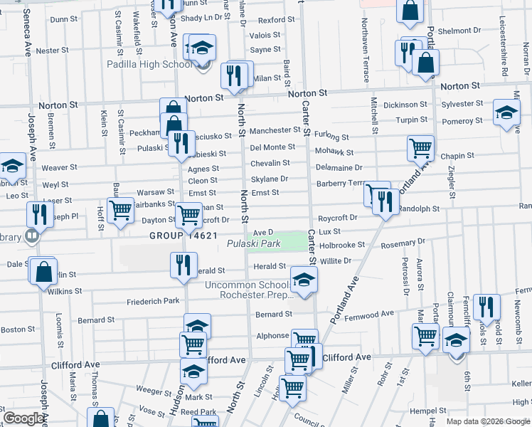 map of restaurants, bars, coffee shops, grocery stores, and more near 201 Durnan Street in Rochester