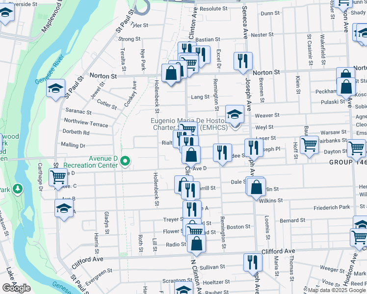 map of restaurants, bars, coffee shops, grocery stores, and more near 57 Rialto Street in Rochester