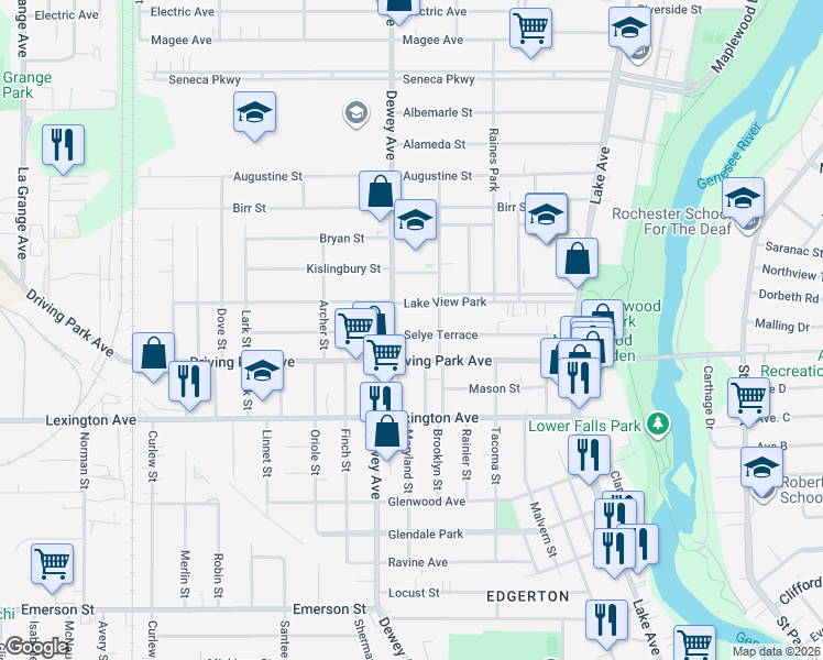 map of restaurants, bars, coffee shops, grocery stores, and more near 906 Dewey Avenue in Rochester