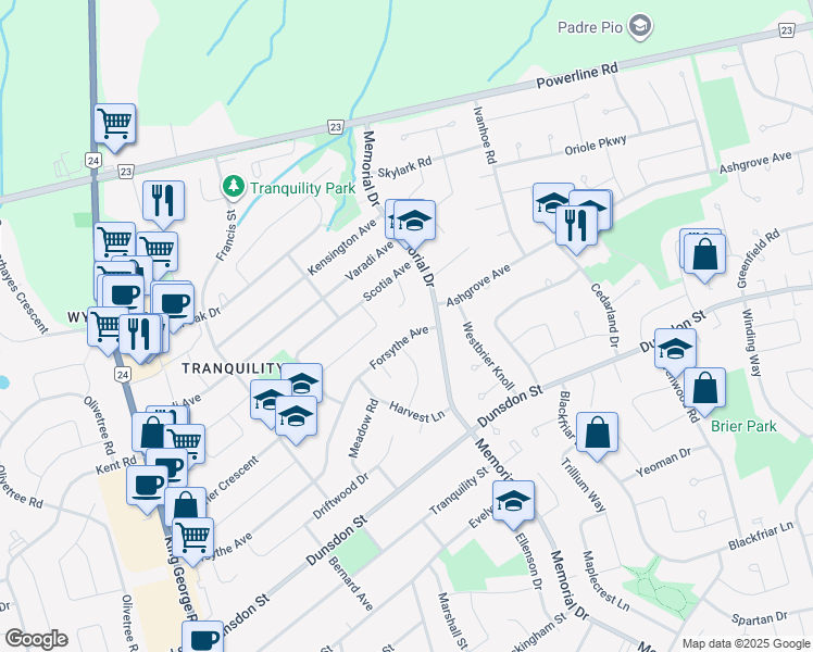 map of restaurants, bars, coffee shops, grocery stores, and more near 102 Forsythe Avenue in Brantford