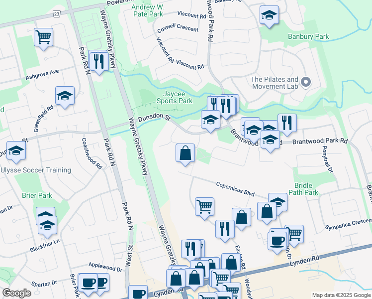 map of restaurants, bars, coffee shops, grocery stores, and more near 32 Buchanan Crescent in Brantford