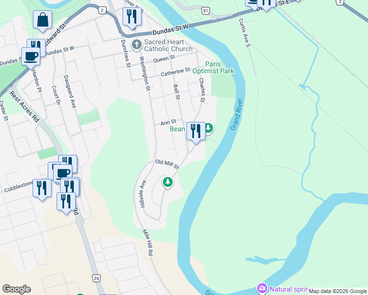 map of restaurants, bars, coffee shops, grocery stores, and more near 87 Ball Street in Brant