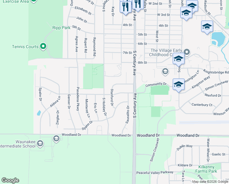 map of restaurants, bars, coffee shops, grocery stores, and more near 900 Stanford Drive in Waunakee