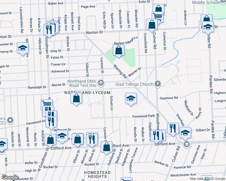 map of restaurants, bars, coffee shops, grocery stores, and more near 134 Schum Lane in Rochester