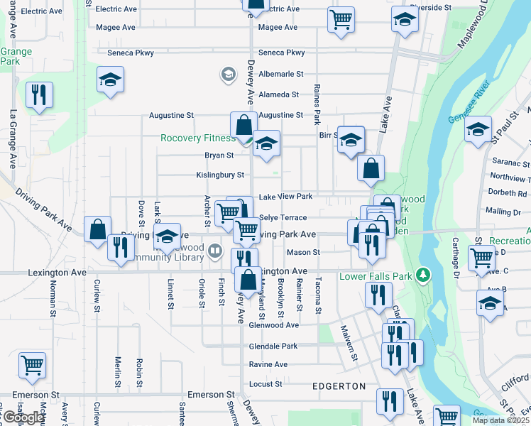 map of restaurants, bars, coffee shops, grocery stores, and more near 218 Selye Terrace in Rochester