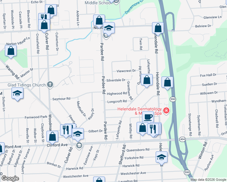 map of restaurants, bars, coffee shops, grocery stores, and more near 50 Highwood Road in Rochester