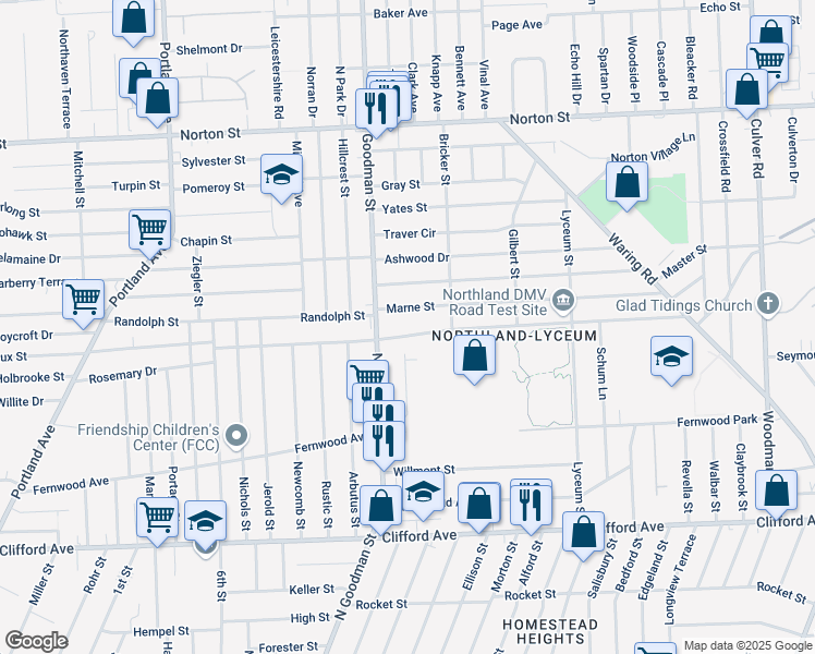 map of restaurants, bars, coffee shops, grocery stores, and more near 294 Northland Avenue in Rochester