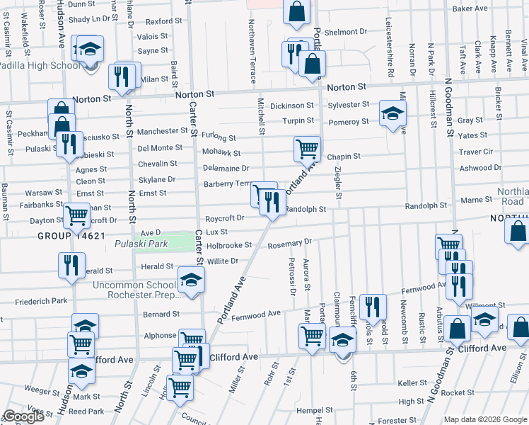 map of restaurants, bars, coffee shops, grocery stores, and more near 416 Roycroft Drive in Rochester