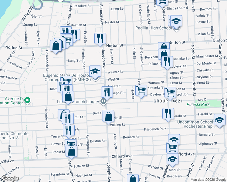 map of restaurants, bars, coffee shops, grocery stores, and more near 36 Joseph Pl in Rochester
