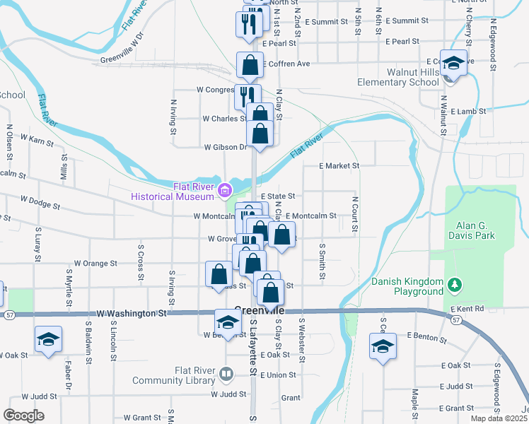 map of restaurants, bars, coffee shops, grocery stores, and more near 108 East Montcalm Street in Greenville
