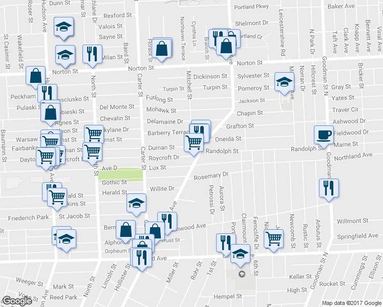 map of restaurants, bars, coffee shops, grocery stores, and more near 416 Roycroft Drive in Rochester