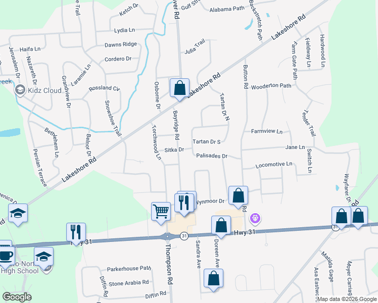 map of restaurants, bars, coffee shops, grocery stores, and more near 6165 Palisades Drive in Cicero