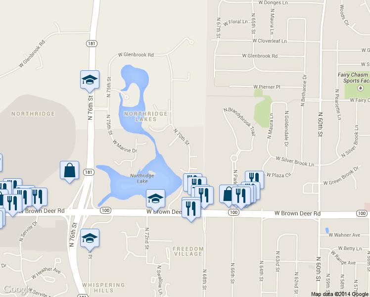 map of restaurants, bars, coffee shops, grocery stores, and more near 8907 North 70th Street in Milwaukee