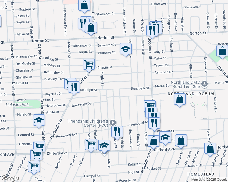 map of restaurants, bars, coffee shops, grocery stores, and more near 185 Randolph Street in Rochester