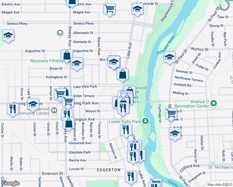 map of restaurants, bars, coffee shops, grocery stores, and more near 22 Selye Terrace in Rochester