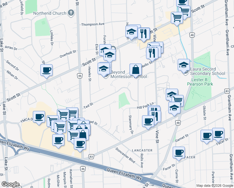 map of restaurants, bars, coffee shops, grocery stores, and more near 42 Ted Street in St. Catharines