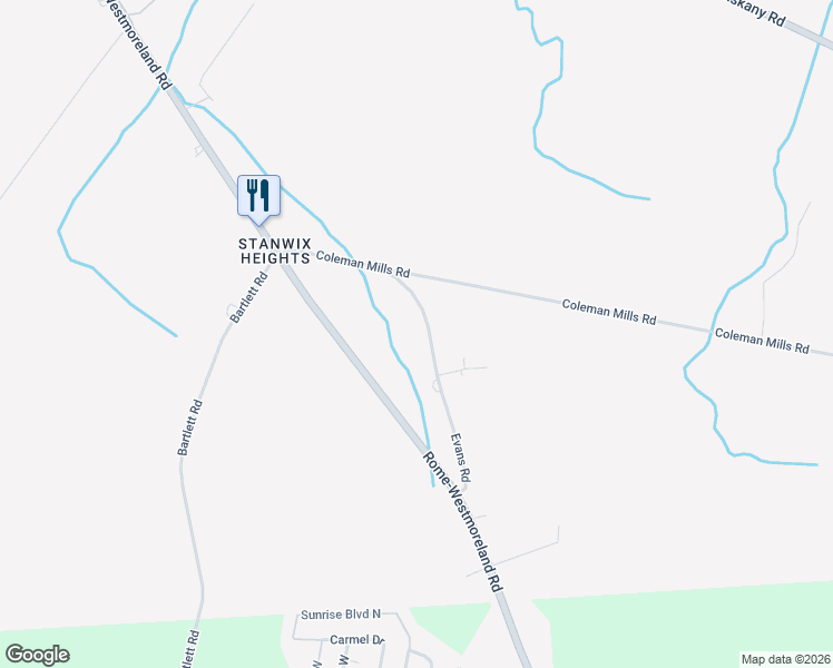 map of restaurants, bars, coffee shops, grocery stores, and more near 6587 Evans Road in Rome