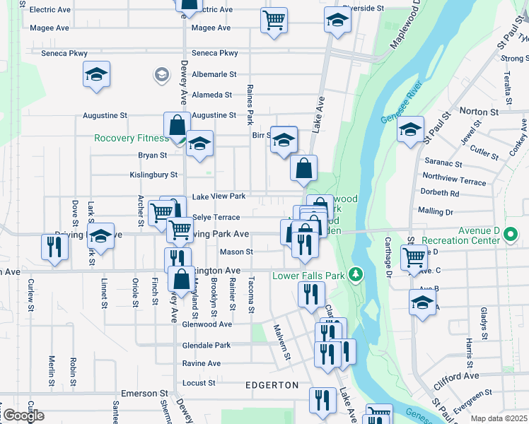 map of restaurants, bars, coffee shops, grocery stores, and more near 80 Selye Terrace in Rochester