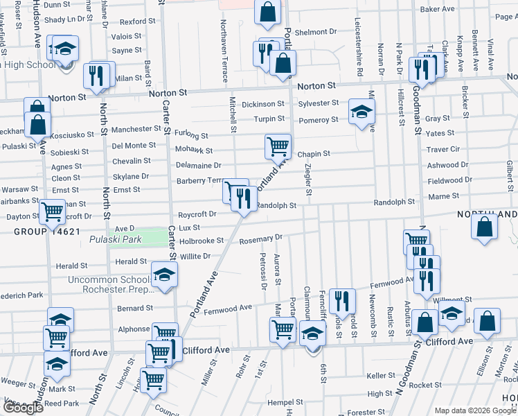map of restaurants, bars, coffee shops, grocery stores, and more near 23 Randolph Street in Rochester