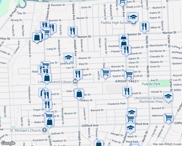 map of restaurants, bars, coffee shops, grocery stores, and more near 86 Joseph Pl in Rochester