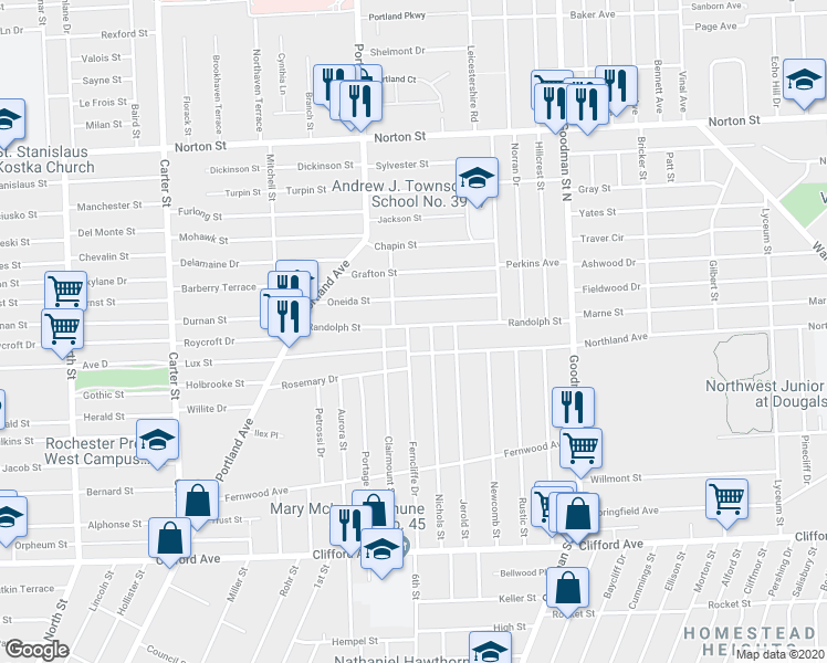 map of restaurants, bars, coffee shops, grocery stores, and more near 159 Randolph Street in Rochester
