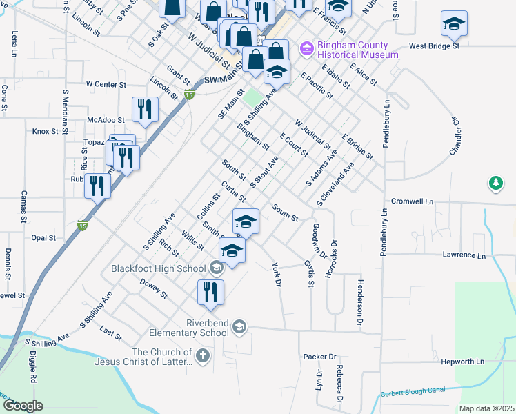 map of restaurants, bars, coffee shops, grocery stores, and more near 527-595 South Fisher Street in Blackfoot