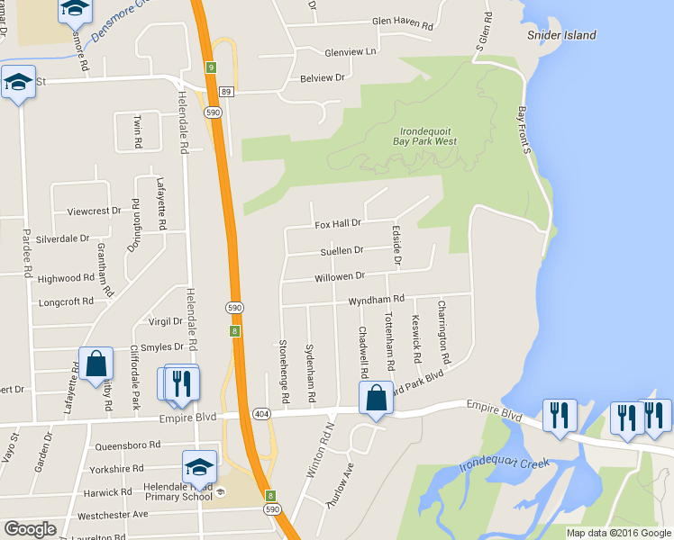map of restaurants, bars, coffee shops, grocery stores, and more near 98 Willowen Drive in Rochester