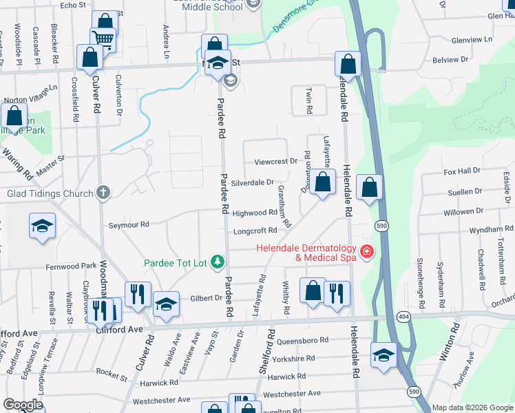 map of restaurants, bars, coffee shops, grocery stores, and more near 50 Highwood Road in Irondequoit
