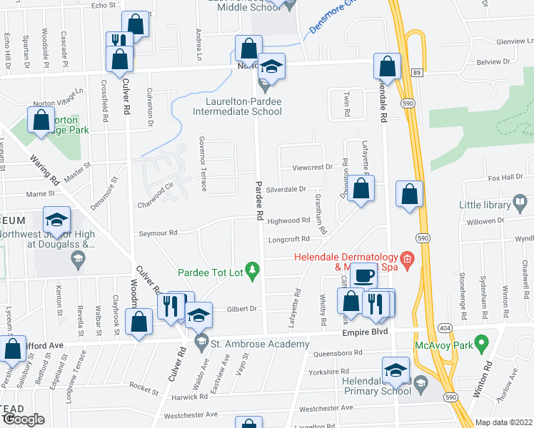 map of restaurants, bars, coffee shops, grocery stores, and more near 261 Pardee Road in Rochester