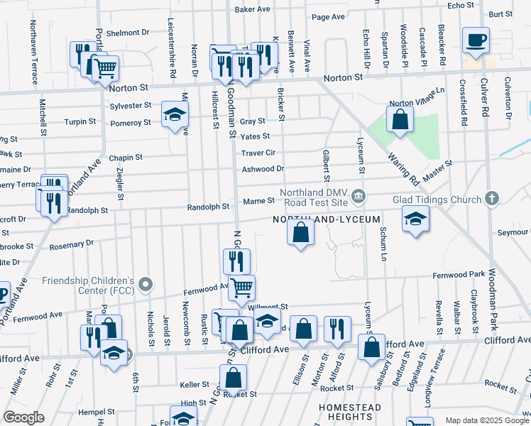 map of restaurants, bars, coffee shops, grocery stores, and more near 294 Northland Avenue in Rochester