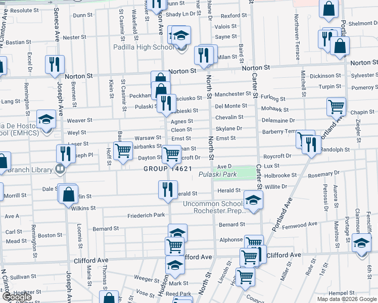 map of restaurants, bars, coffee shops, grocery stores, and more near 43 Durnan Street in Rochester