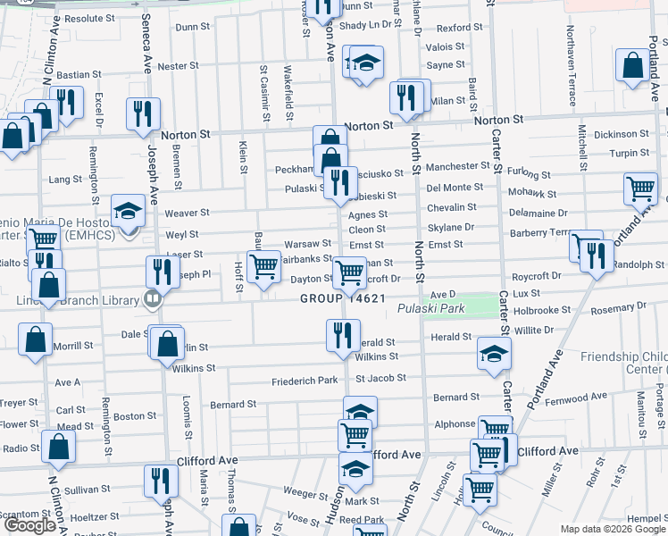 map of restaurants, bars, coffee shops, grocery stores, and more near 929 Hudson Avenue in Rochester